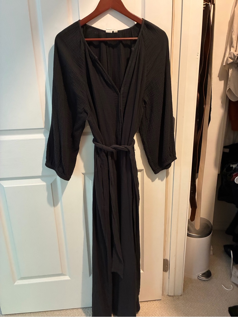 GAP Black Waffle-Knit Long Jumpsuit with Tie
